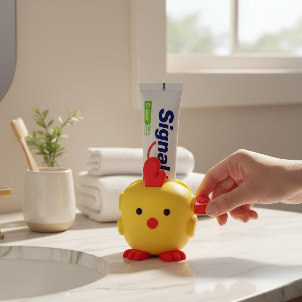 Presse-tube de dentifrice poussin | Accessoire salle de bain coloré et mignon | Animal rigolo imprimé 3D | Cadeau original pour enfants