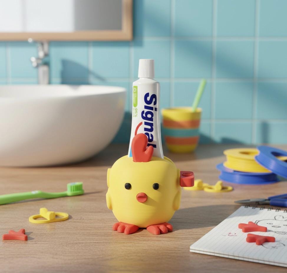 Presse-tube de dentifrice poussin | Accessoire salle de bain coloré et mignon | Animal rigolo imprimé 3D | Cadeau original pour enfants